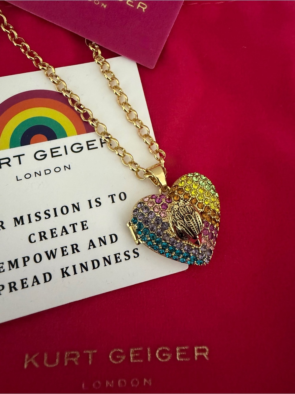 Kurt Geiger London Rainbow Crystal Pavé Heart Charm Locket Gold Necklace